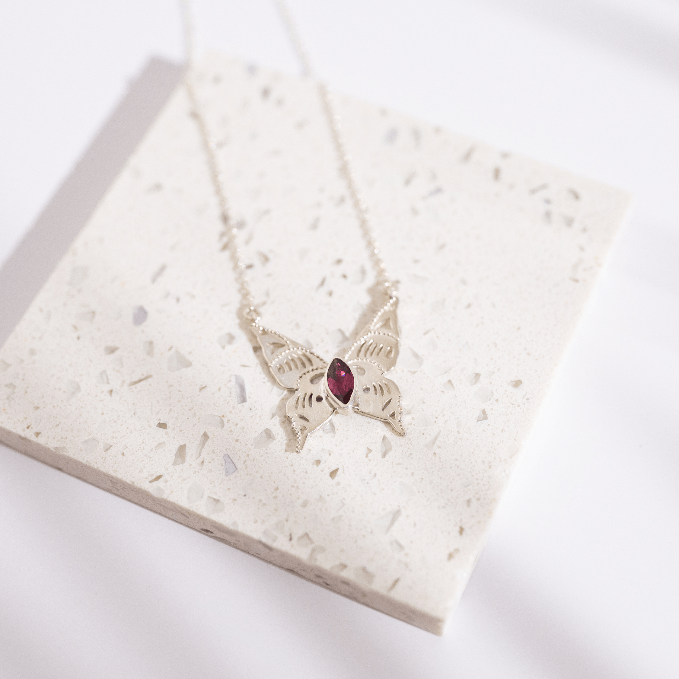 Dreamboat Sterling Silver Butterfly Necklace - Crystal Vine Necklace With July Birthstone Ruby