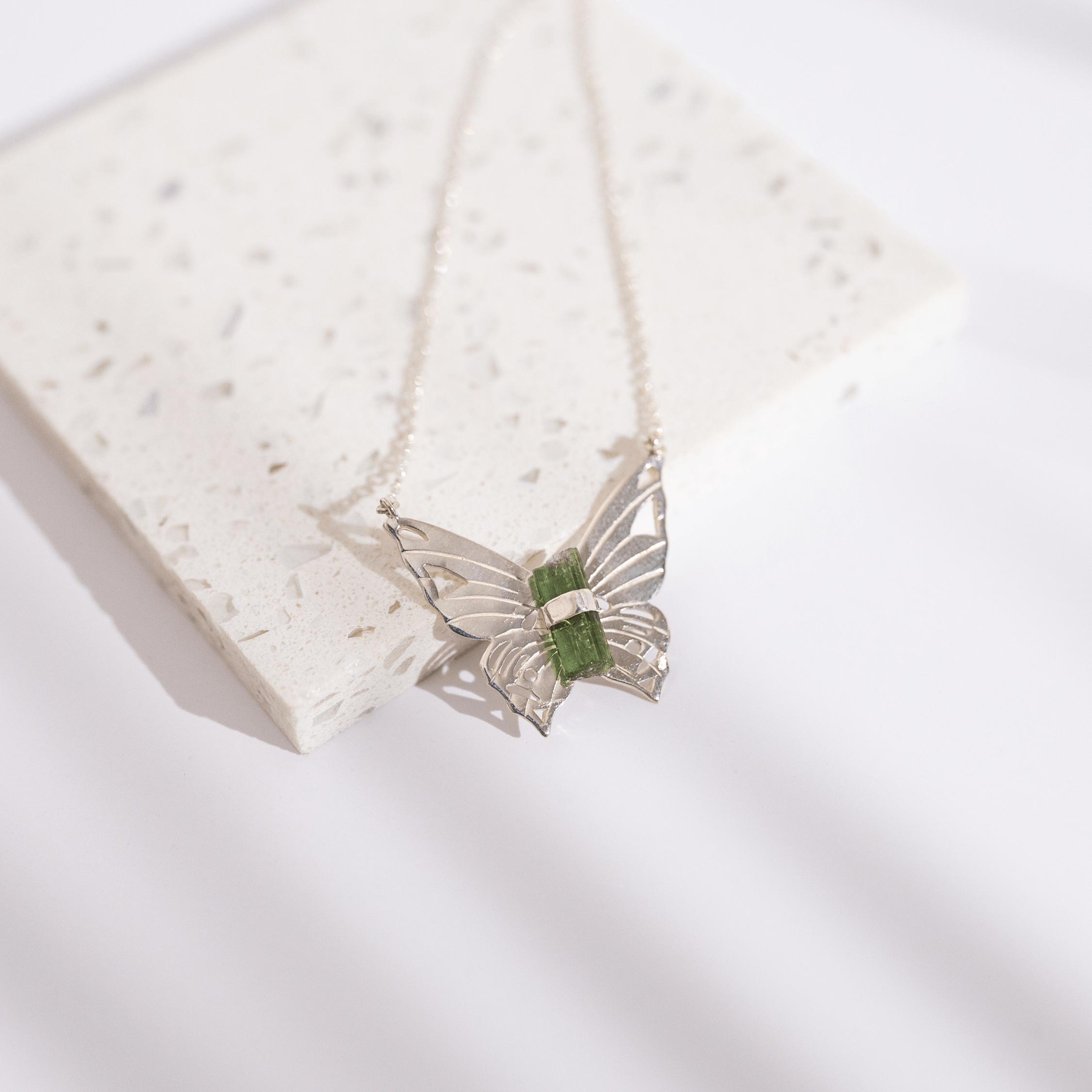 Jewelry Evolution Necklace Butterfly Necklace with Green Tourmaline Crystal