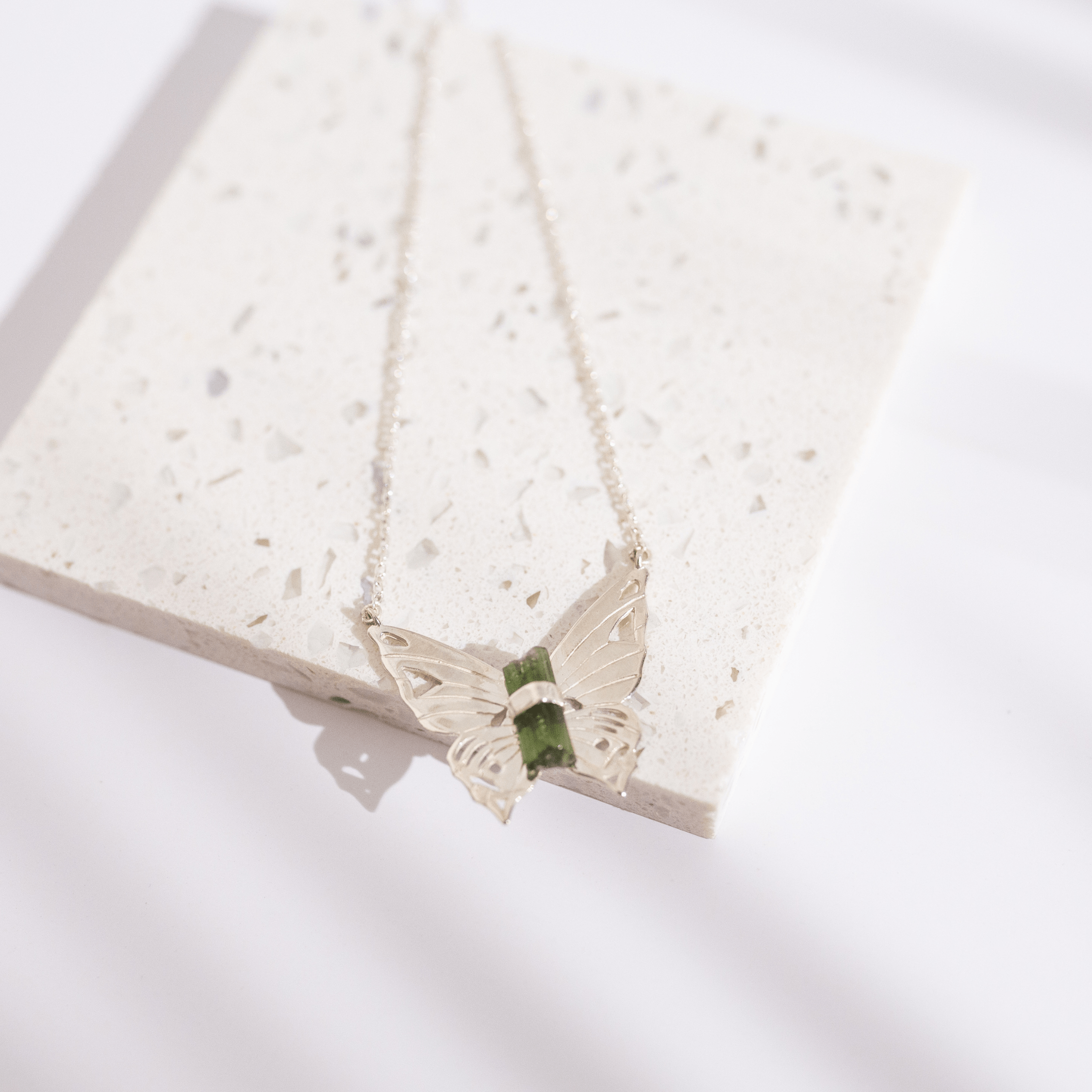 Jewelry Evolution Necklace Butterfly Necklace with Green Tourmaline Crystal