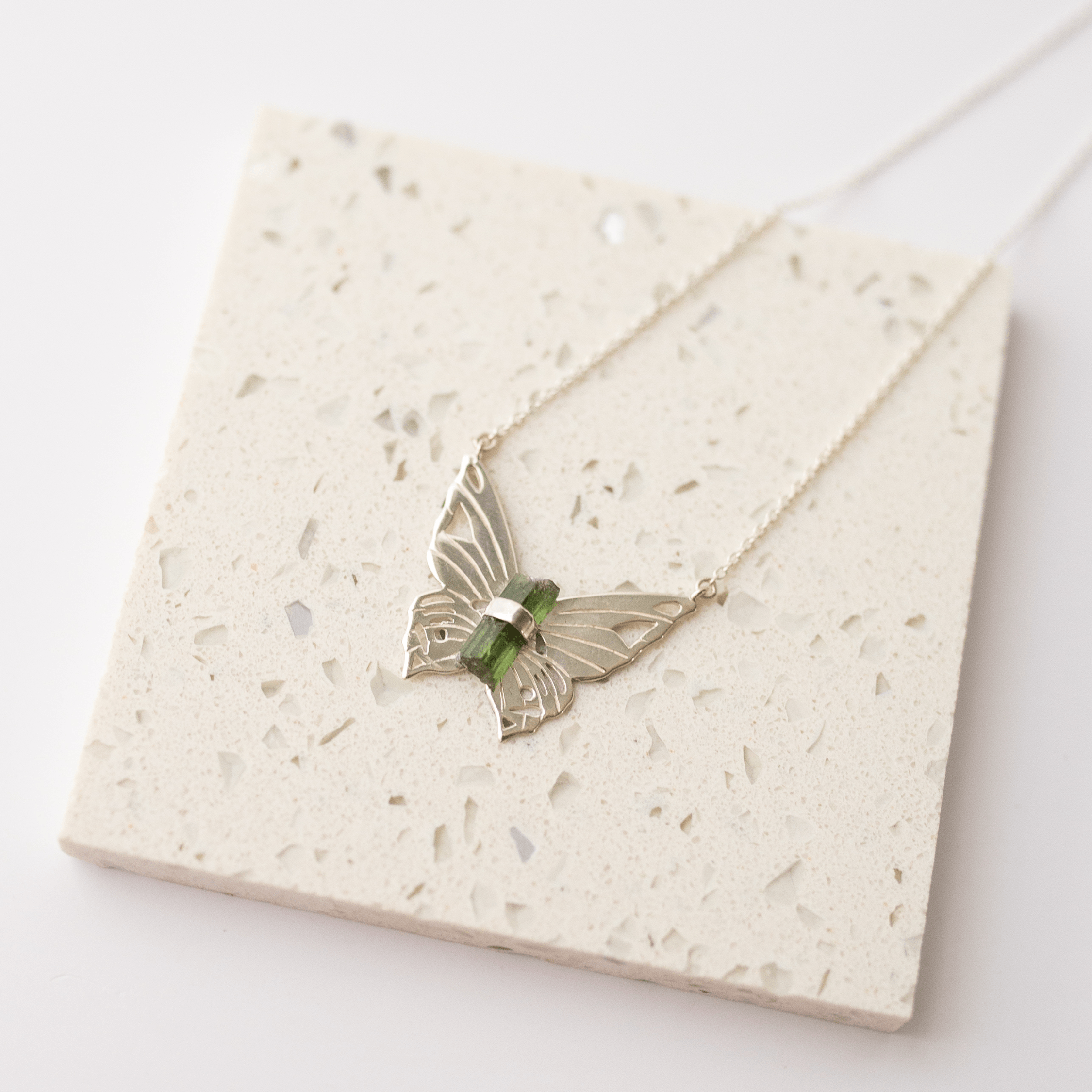 Jewelry Evolution Necklace Butterfly Necklace with Green Tourmaline Crystal