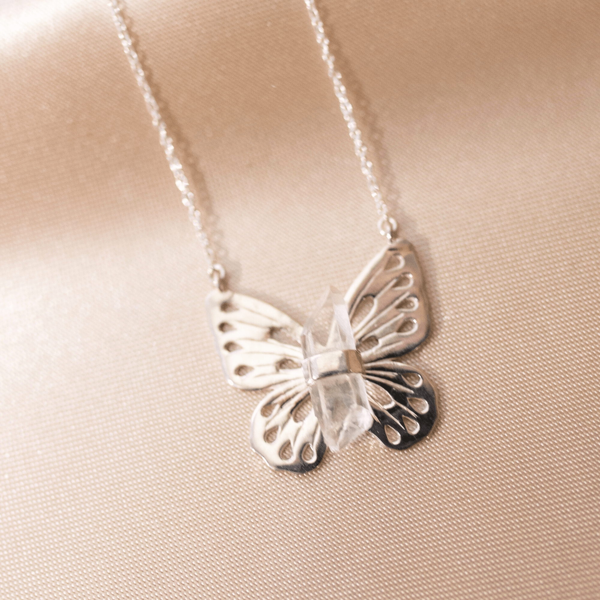 Jewelry Evolution Necklace Butterfly Necklace with Quartz Crystal in Sterling Silver