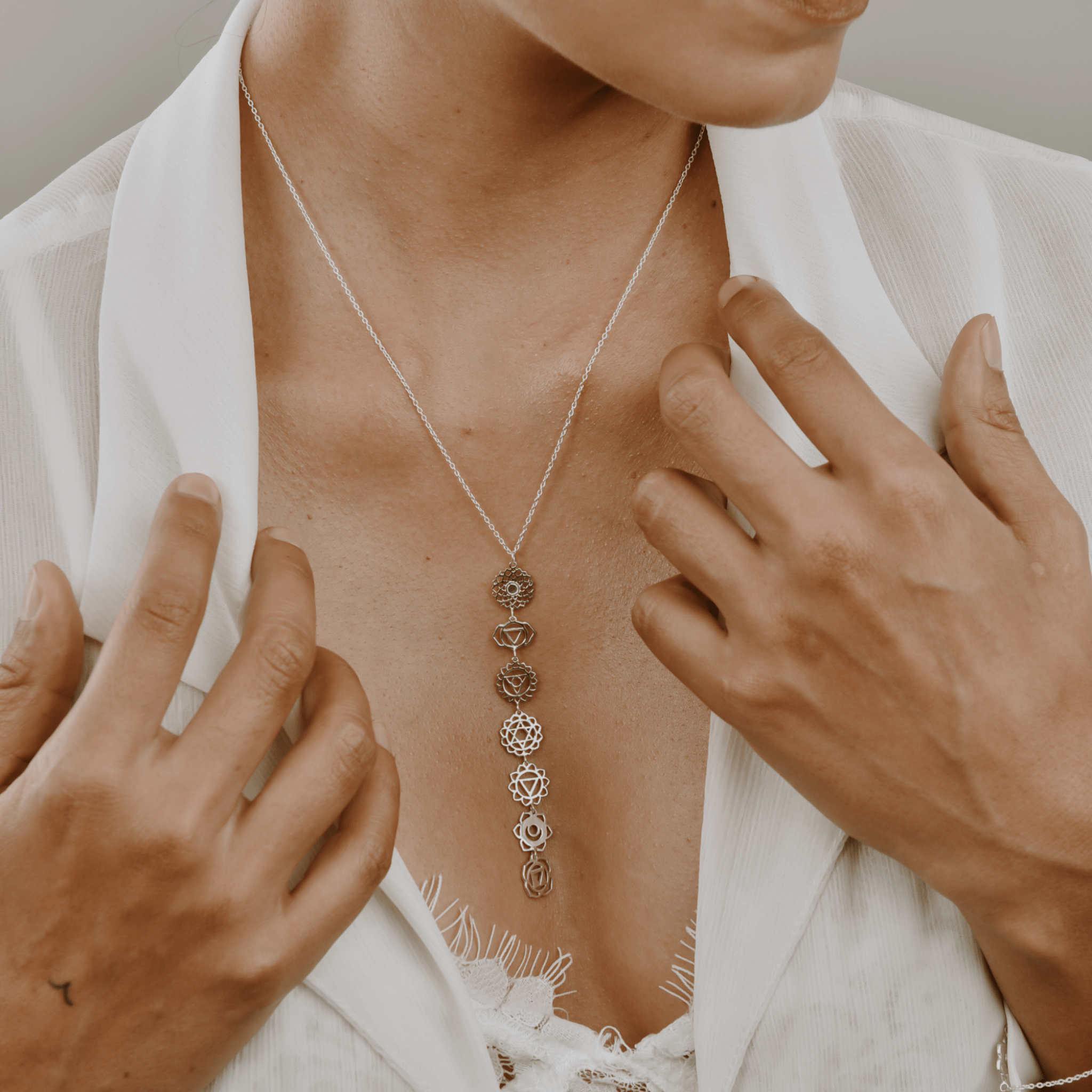 Jewelry Evolution Necklace Sterling Silver Chakra Filigree Drop Necklace - All 7 Chakras