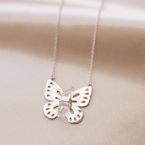 Jewelry Evolution Necklace Butterfly Necklace with Quartz Crystal in Sterling Silver