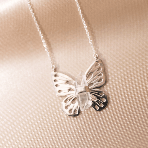 Jewelry Evolution Necklace Butterfly Necklace with Quartz Crystal in Sterling Silver
