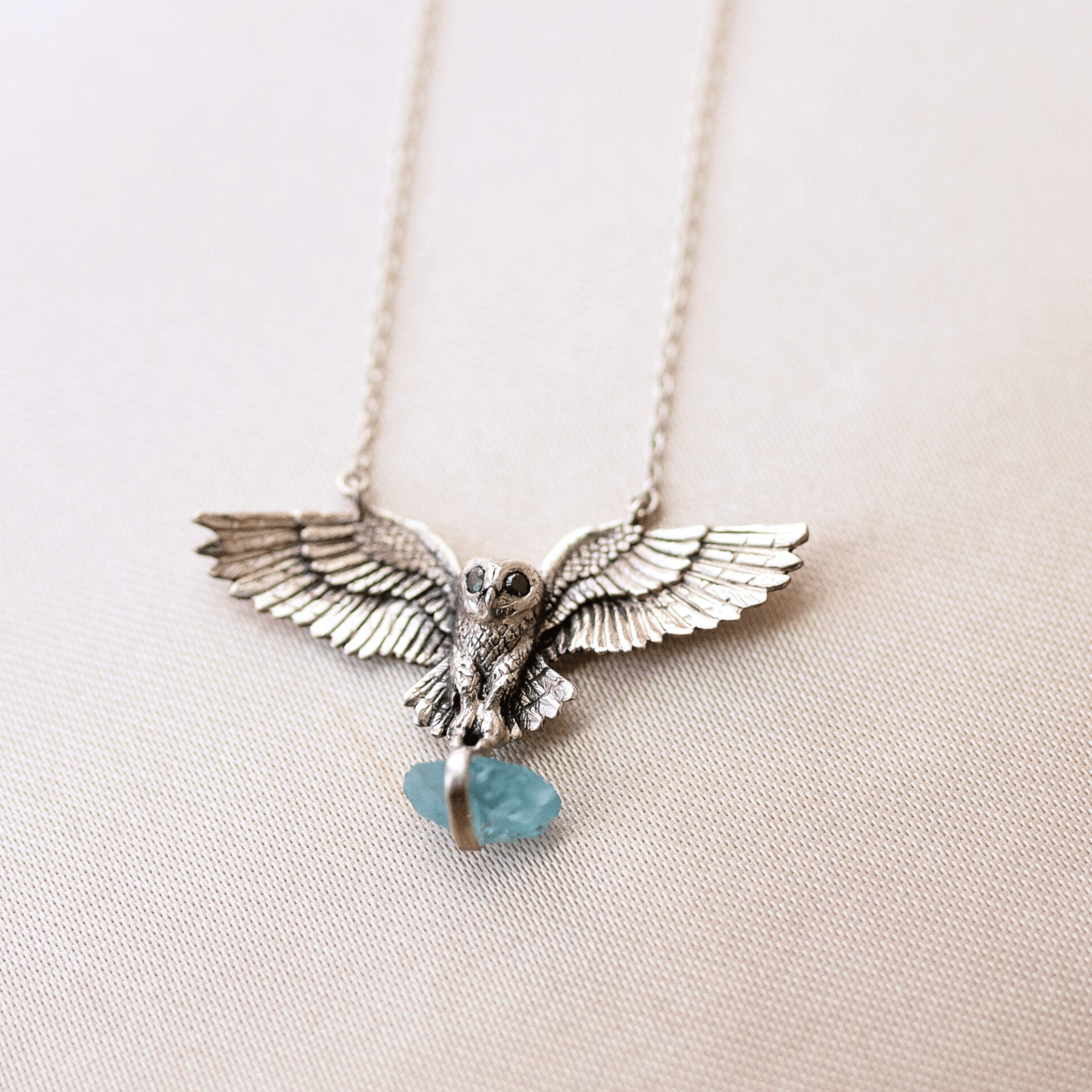 Jewelry Evolution Necklace Sterling Silver Owl "Wisdom & Truth" Necklace with Black Diamond and Apatite